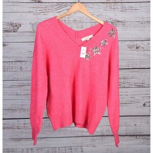Loft Double V Pink Sequin Star Sweater Size L {NWT}